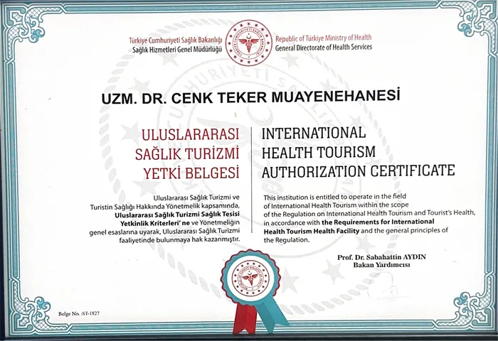 Scan of International Health Tourism Authorization Certificate No. ST-1827, issued by the Turkish Ministry of Health to the practice of Uzm. Dr. Cenk Teker